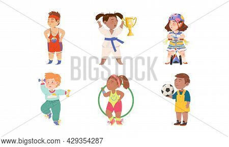 Cute Kids Athlete Riding Scooter, Playing Football And Doing Karate Vector Illustration Set
