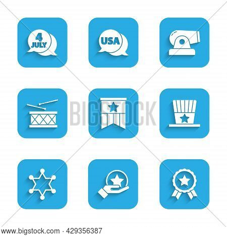 Set American Flag, Usa Independence Day, Medal With Star, Patriotic Top Hat, Hexagram Sheriff, Drum 