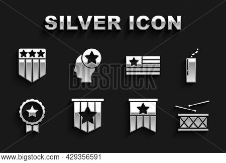 Set American Flag, Dynamite Bomb, Drum And Drum Sticks, Medal With Star, Shield Stars And Usa Head I