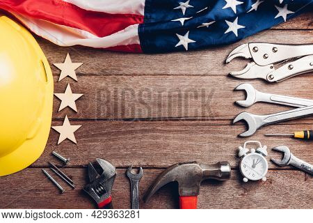 Usa Labor Day Concept, Top View Flat Lay Of Different Kinds Wrenches With American Flag On Wood Tabl