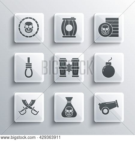 Set Pirate Coin, Cannon, Bomb Ready To Explode, Binoculars, Crossed Pirate Swords, Gallows Rope Loop