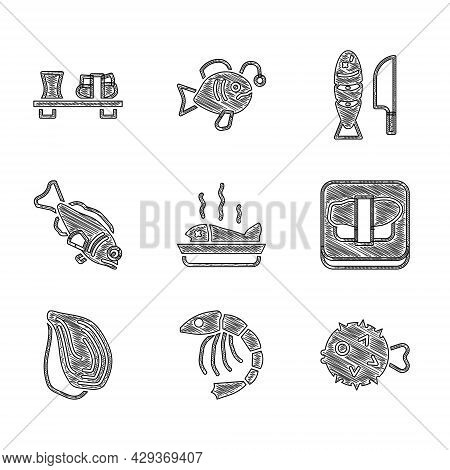Set Served Fish On A Plate, Shrimp, Fish Hedgehog, Sushi Cutting Board, Mussel, With Sliced Pieces A