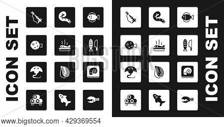 Set Fish, Served Fish On A Plate, Hedgehog, Fishing Harpoon, With Sliced Pieces, Octopus Of Tentacle