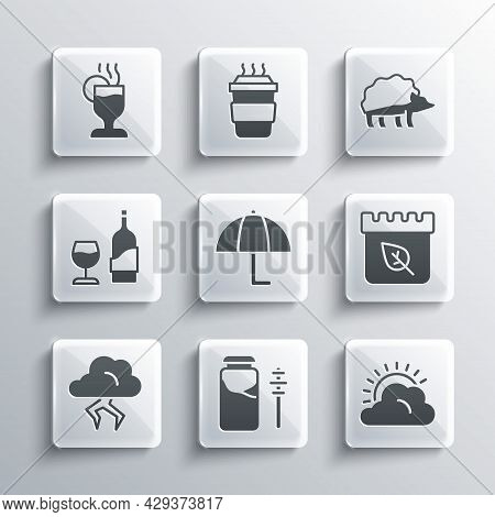 Set Jar Of Honey And Dipper Stick, Sun Cloud Weather, Calendar With Autumn Leaves, Umbrella, Storm, 