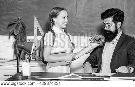 Teachers Day. Daugghter And Father With Flowers. Back To School. Happy Teachers Day. Knowledge Day I