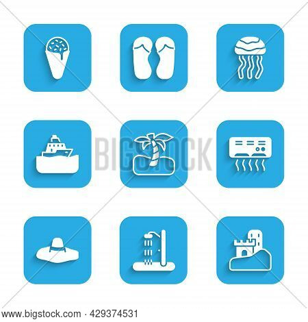 Set Tropical Palm Tree, Beach Shower, Sand Castle, Air Conditioner, Elegant Women Hat, Cruise Ship, 
