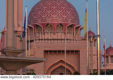 Close Up Of Putra Mosque Or Masjid Putra, Principal Mosque Of Putrajaya Wilaya, Malaysia. Early Morn
