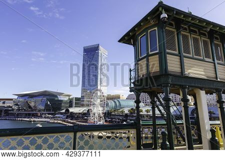 Sydney, Australia - October 14, 2020: Observation Tower At Darling Harbour, Sydney. The Pier Opposit