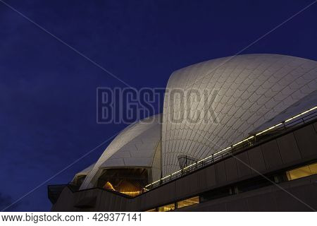 Sydney, Australia - October 14, 2020: The Roof Of The Illuminated Sydney Opera At Night. The Tiles O