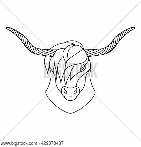 Vector Image Of A Bull With Long Horns. Drawing For Coloring. Buffalo Head. The Head Of A Horned Ani