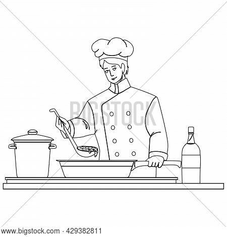 Chef Man Cooking On Restaurant Kitchen Black Line Pencil Drawing Vector. Chef Guy Preparing Deliciou