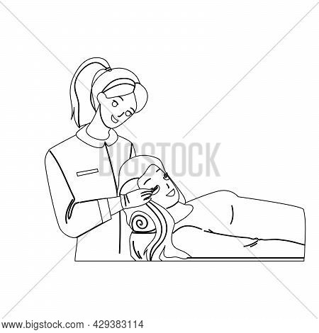 Eyelashes Extension Procedure Make Stylist Black Line Pencil Drawing Vector. Eyelashes Extension Mak