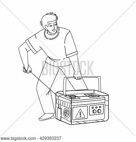 Generator Equipment Starting Young Man Black Line Pencil Drawing Vector. Emergency Generator Machine
