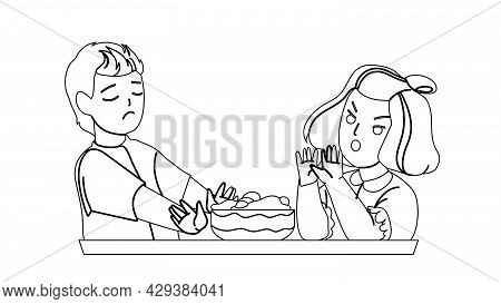Boy And Girl Children Healthy Refusing Food Black Line Pencil Drawing Vector. Sad Schoolboy And Angr