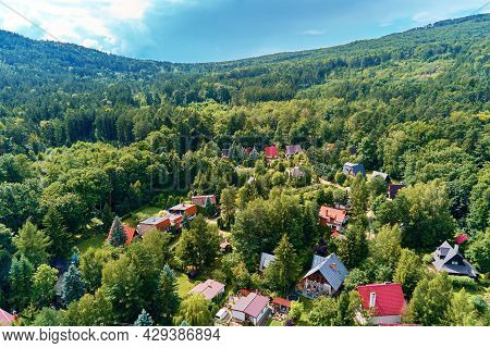 Mountain Village With Forests, Bird Eye View. Sleza Mountain Landscape Near Wroclaw In Poland. Natur