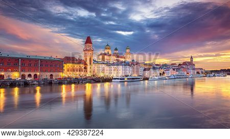 Passau Skyline, Germany. Panoramic Cityscape Image Of Passau Skyline, Bavaria, Germany At Dramatic S