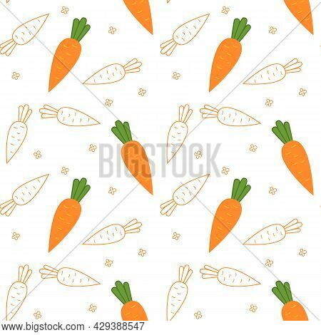 Vector Hand Drawn Carrots Seamless Pattern. Cute Funny Carrots, Colored And Depicted By A Line On A 