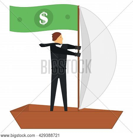 The Concept Of Successful Management And Profit. Businessman Drives A Boat With Sails. Paper Dollar 