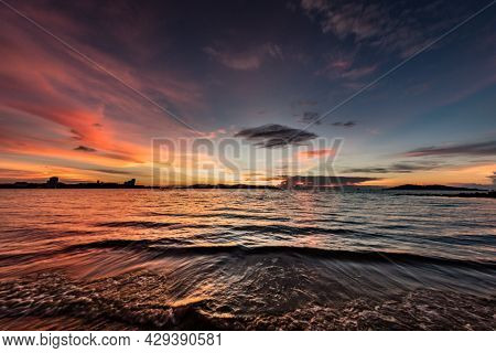 Sunset At The Beach Of Kota Kinabalu, Borneo, Sabah, East Malaysia - The Truly Asia. Sun Goes Down A
