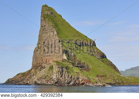 Faroe Islands Green Coastline Landscape In Vagar Island. Seascape