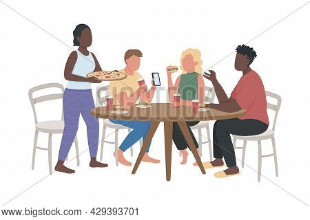 Visit Fast Food Restaurant With Friends Semi Flat Color Vector Characters. Full Body People On White