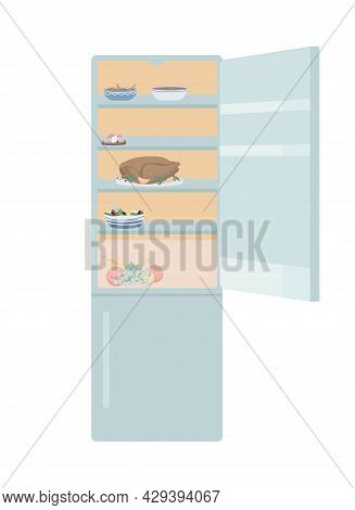 Open Door Refrigerator Semi Flat Color Vector Object. Full Sized Item On White. Kitchen Appliance. K
