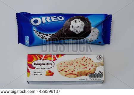 Thessaloniki, Greece - August 9 2021: Oreo Cone With Cookie Pieces And Haagen-dazs Mango And Raspber