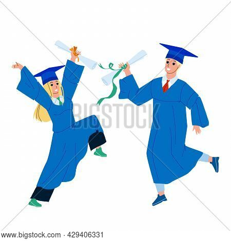 Alumnus Boy And Girl College Graduation Vector. Students Alumnus In Academy Cap And Gown Mantle With