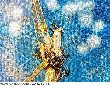 Digital Art. Industrial Background. Yellow Cargo Boom Of A Mobile Harbor Crane Against A Blue Sky. M