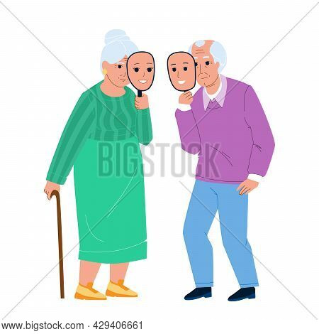 Ageism Of Elderly Man And Woman Couple Vector. Old Grandfather And Grandmother With Young People Fac