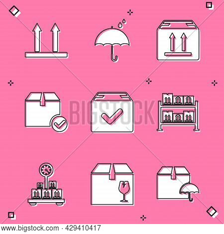 Set This Side Up, Umbrella And Rain Drops, Cardboard Box With Traffic, Package Check Mark, Warehouse