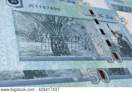 Close Up Of Reverse Side Of Fifty Ringgit Malaysia. Detailed Macro Capture Of Brand New Rm 50 With S