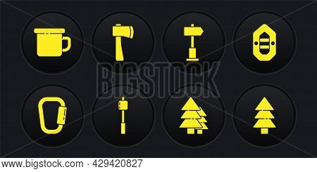Set Carabiner, Rafting Boat, Marshmallow On Stick, Tree, Road Traffic Signpost, Wooden Axe, And Camp