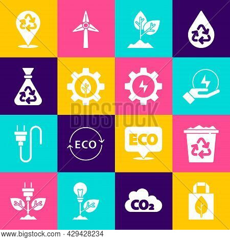Set Shopping Bag With Recycle, Recycle Bin, Lightning Bolt, Plant, Leaf Plant Gear Machine, Garbage,