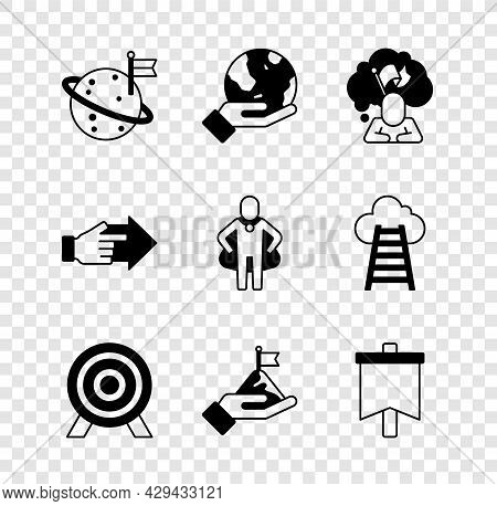 Set Moon With Flag, Hand Holding Earth Globe, Man, Target, Mountains, Flag, Pointing Finger And Head