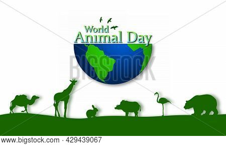 World Animal Day Design, October 4th. Half Earth Globe With Text Decorated With Flying Birds. Dark G