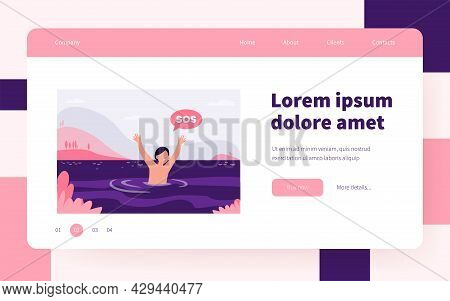 Child Sinking In Lake. Kid Shouting, Calling For Help. Flat Vector Illustration. Children On Beach, 