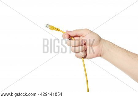 Lan Ethernet Cable In Hand. Yellow Rj45 Twisted Pair Cable For Computer Network. Cat 5e Utp Connecti