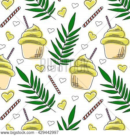 Sweet Dessert Seamless Pattern. Drawn Doodle Yellow Ice Cream And Popsicles. Ink Sketch Illustration