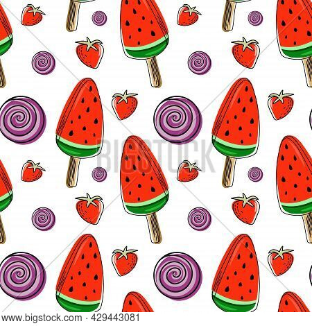 Seamless Background With Watermelon. Watermelon On A Stick. Vector Illustration. A Simple Pattern. S