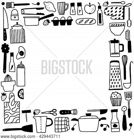 Kichen Utencils And Cutlery Frame. Doodle Outline Cooking And Baking Square Border.
