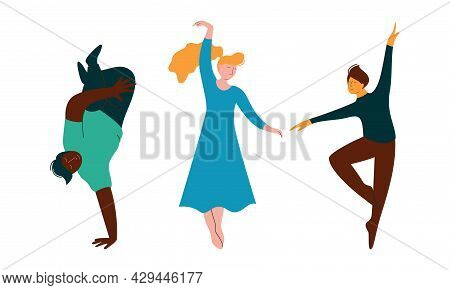 Positive Young Man And Woman On Stage Performing Contemporary Dance Moving Hands And Legs To Music R
