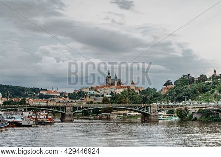 Scenic Panorama Of Beautiful Prague Castle,saint Vitus Cathedral,cechuv Bridge Over Vltava River.fam
