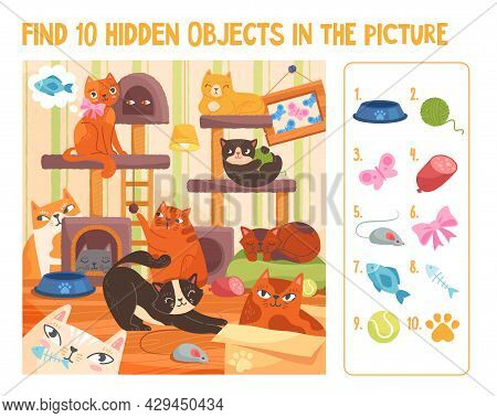 Colorful Papersheet Game Find 10 Hidden Objects In The Picture. Hidden Items With Cute Funny Colorfu