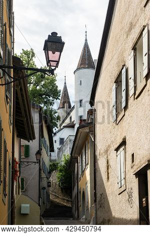 Nyon, Switzelrand - July 10th 2021: Historic Buildings And The Castle In The City Centre