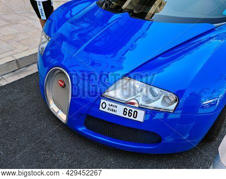 Monte-carlo, Monaco - August 1, 2021: Blue Bugatti Veyron 16.4 Luxury Supercar Parked In Front Of Th
