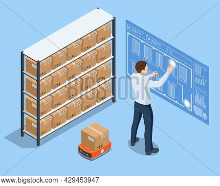 Isometric Automated Warehouse Robots. Modern Logistics Center. Automated Warehouse. Autonomous Robot