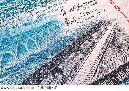 Macro Photography Of Sri Lanka 50 Rupees Money. Sri Lanka 50 Rupees. Close Up To The Sri Lanka Paper