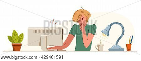 Young Man Alarmed In Problem Working On A Project In Stress Vector Flat Illustration Isolated, Urgen