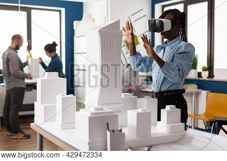 African American Woman Using Vr Glasses At Work For 3d Visual Simulation. Standing Businesswoman Wor